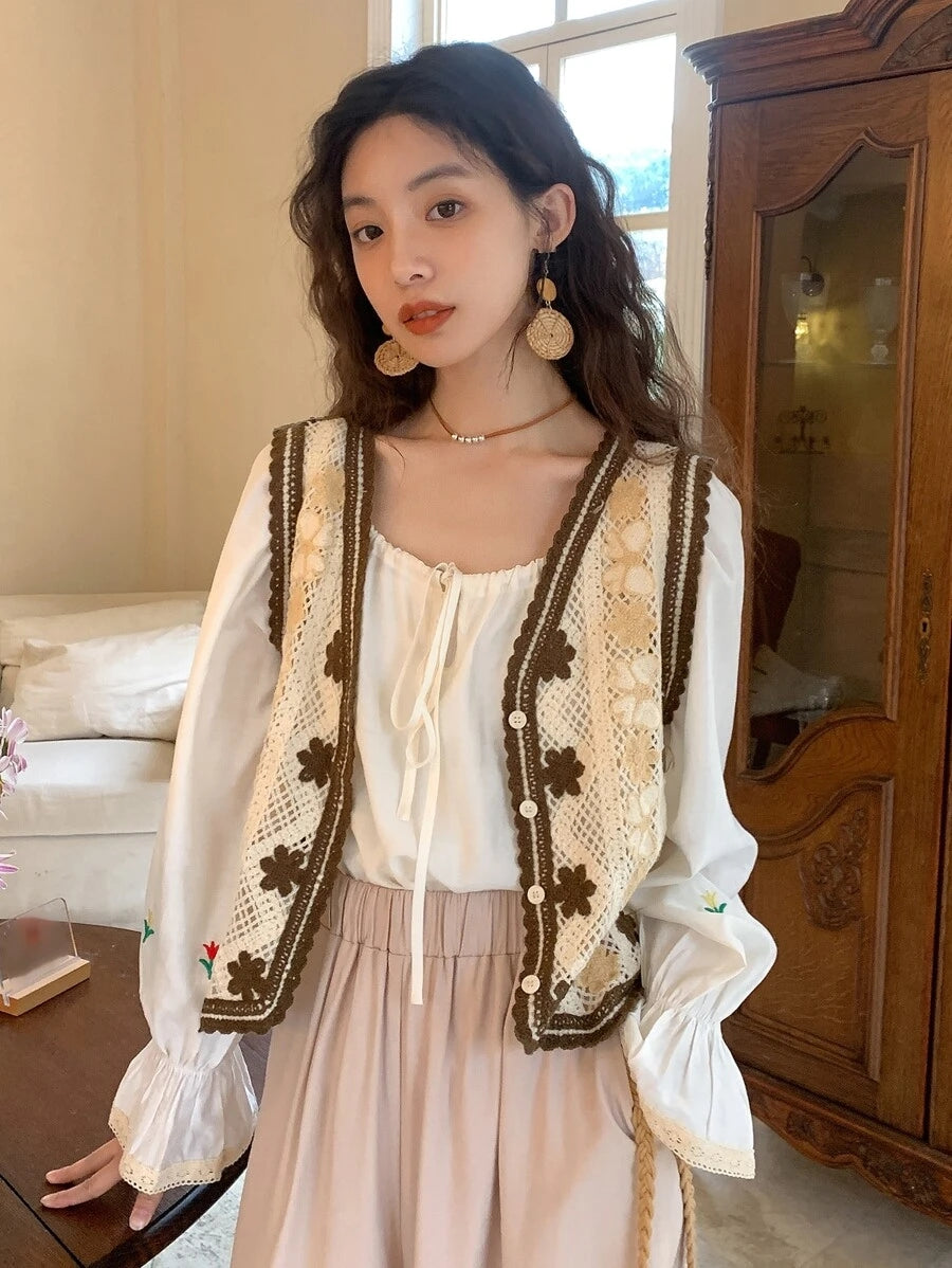 Women Loose Hook Flower V Neck Cardigan Vest