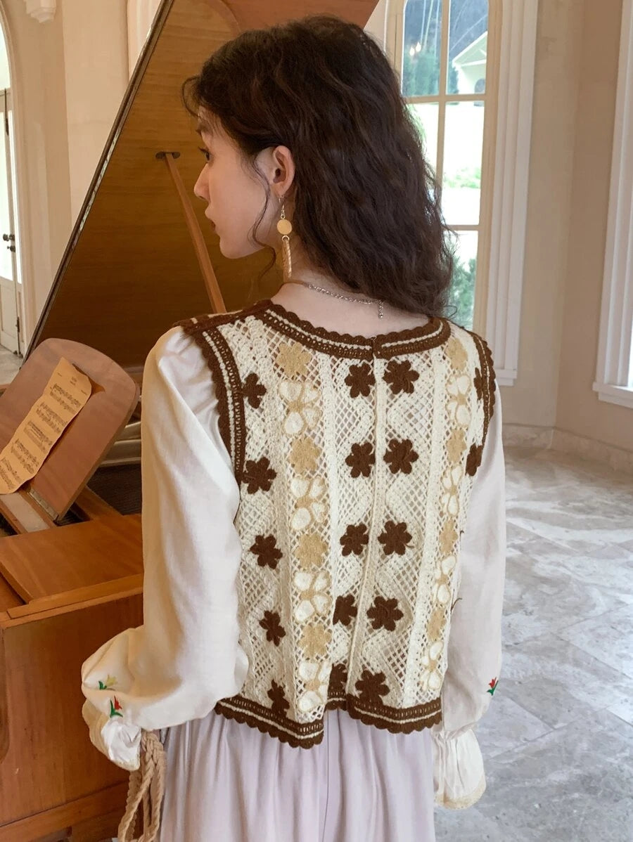 Women Loose Hook Flower V Neck Cardigan Vest