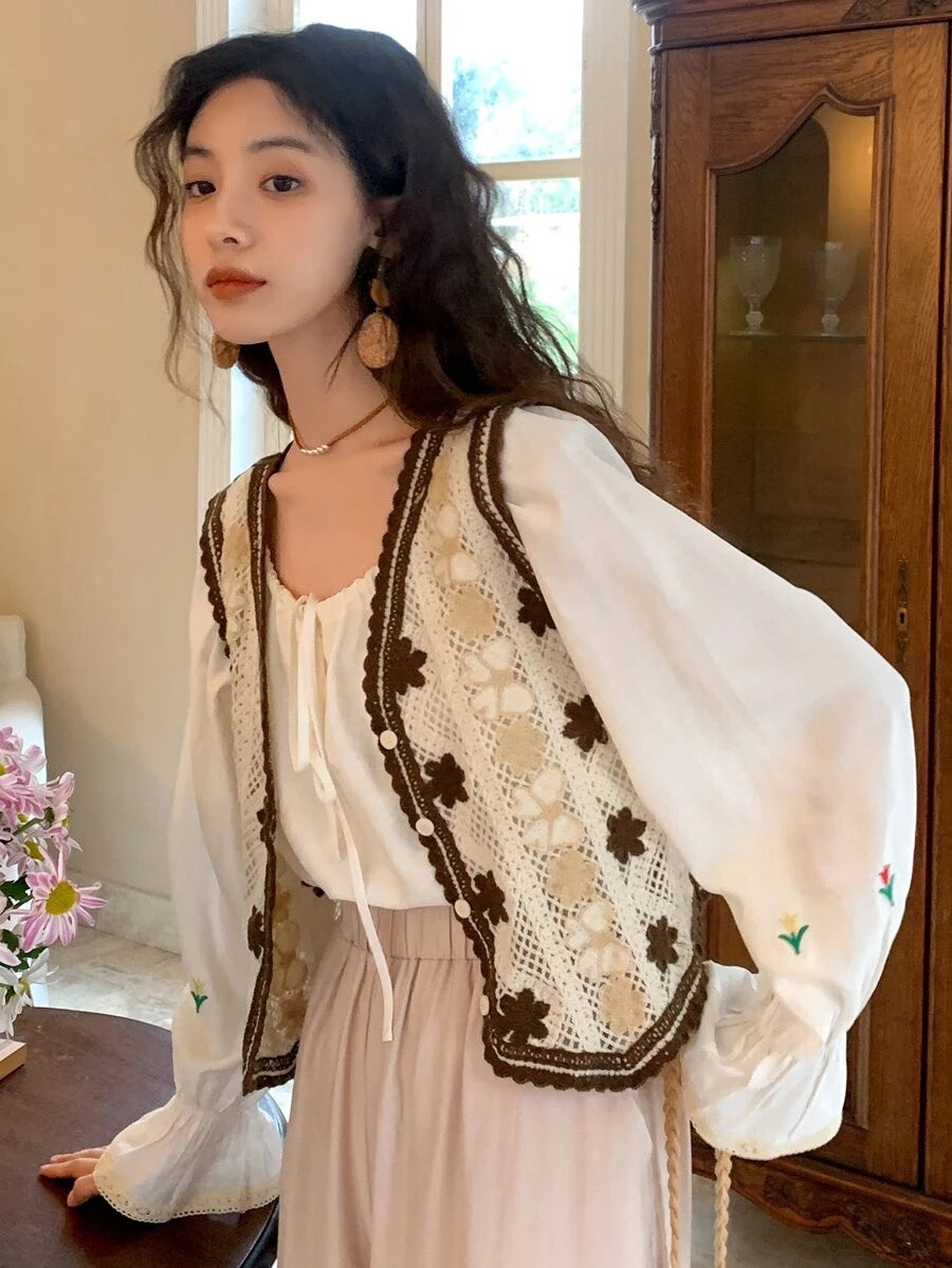 Women Loose Hook Flower V Neck Cardigan Vest