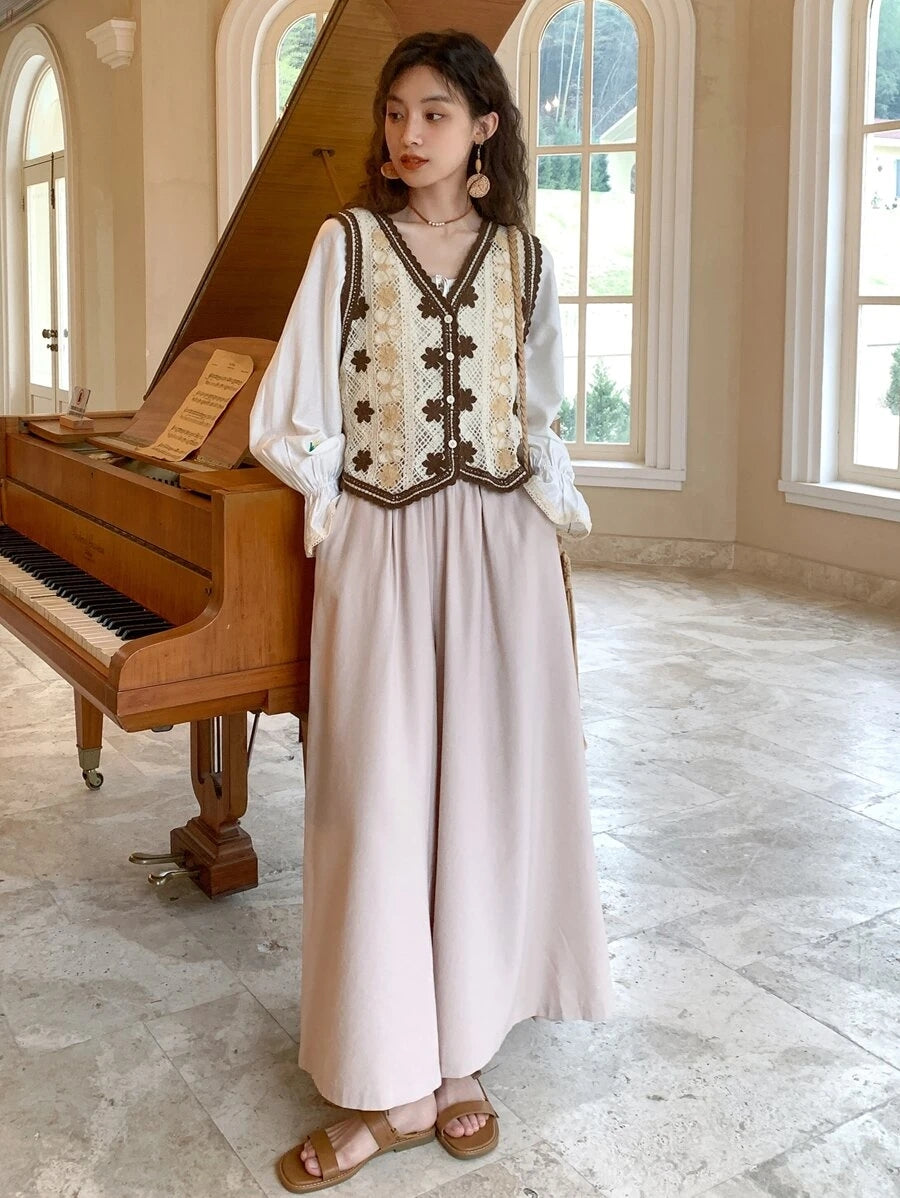 Women Loose Hook Flower V Neck Cardigan Vest