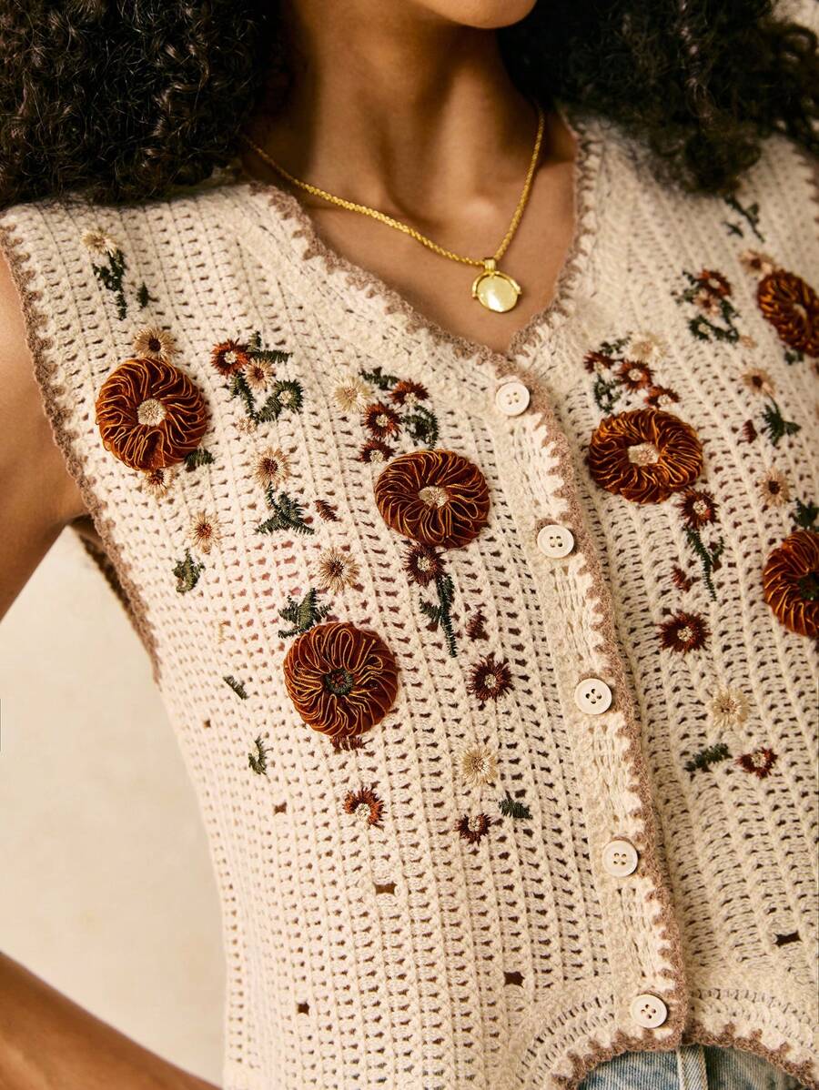 Women Loose Hollowed Lace Cardigan Vest