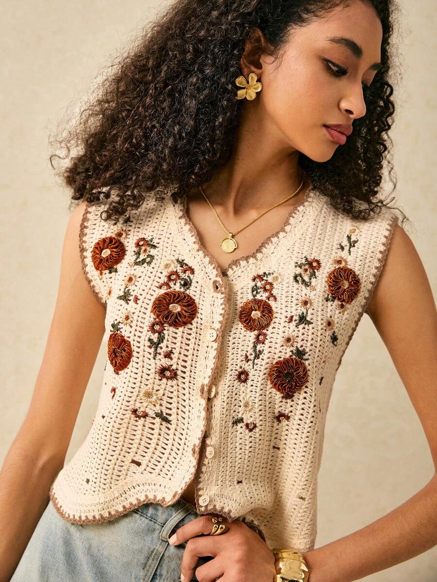 Women Loose Hollowed Lace Cardigan Vest
