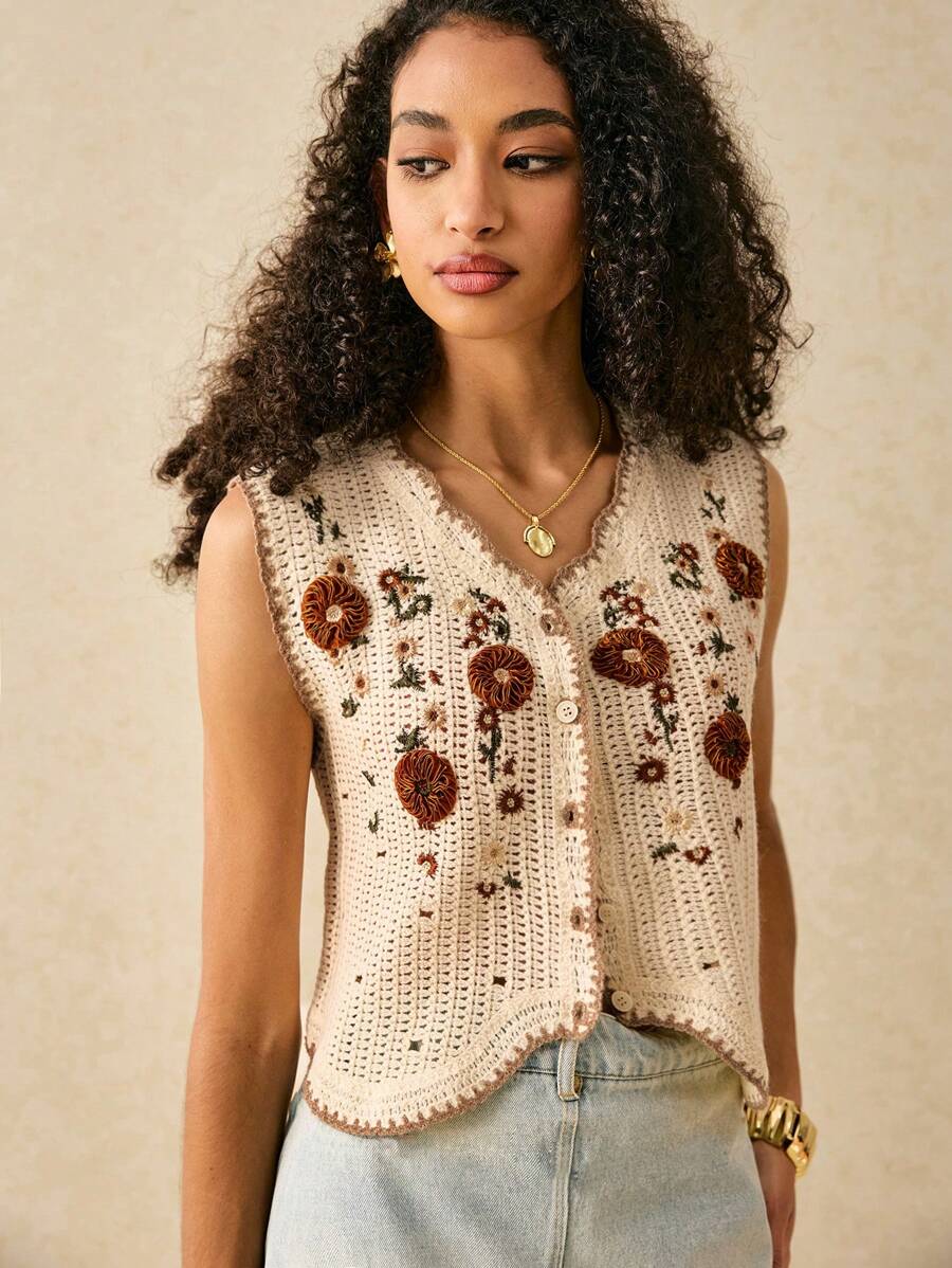 Women Loose Hollowed Lace Cardigan Vest