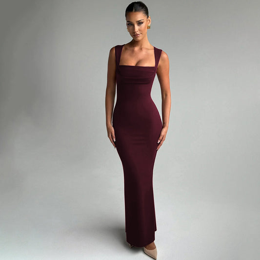 Women Clothing Spring Summer Slim Fit Square Collar Sleeveless Waist Slimming Dress