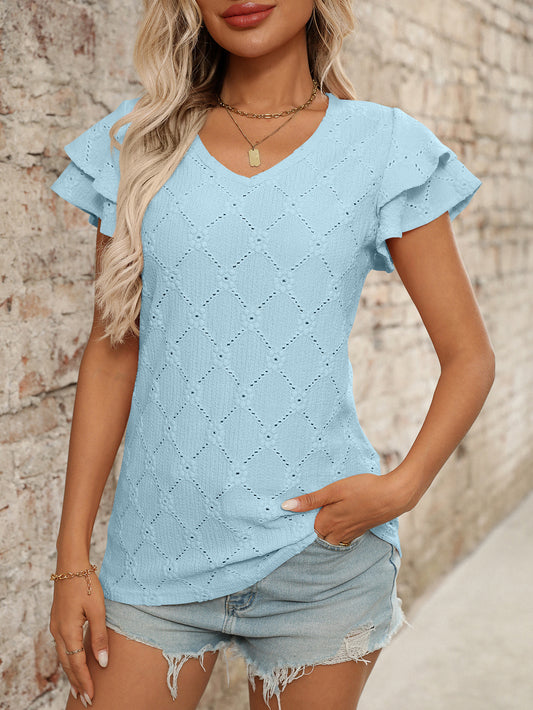 Women Clothing Spring Summer Solid Color V neck Sweet Short Sleeved T shirt Hollow Out Cutout Top