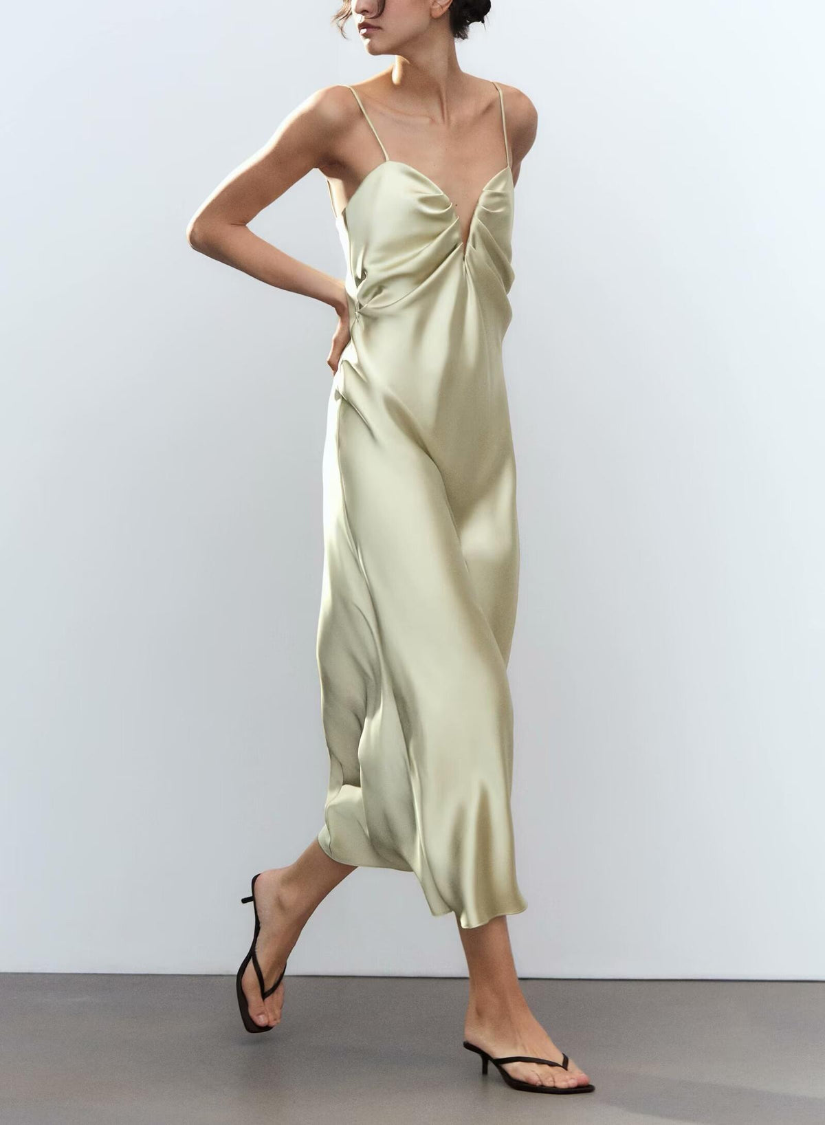 Women Clothing Spring Heart Shaped Collar Silk Satin Texture Midi Dress