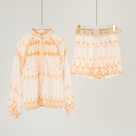 Retro Bohemian Style Two Piece Sets New Stand Up Collar Printed Shirt And Shorts Women