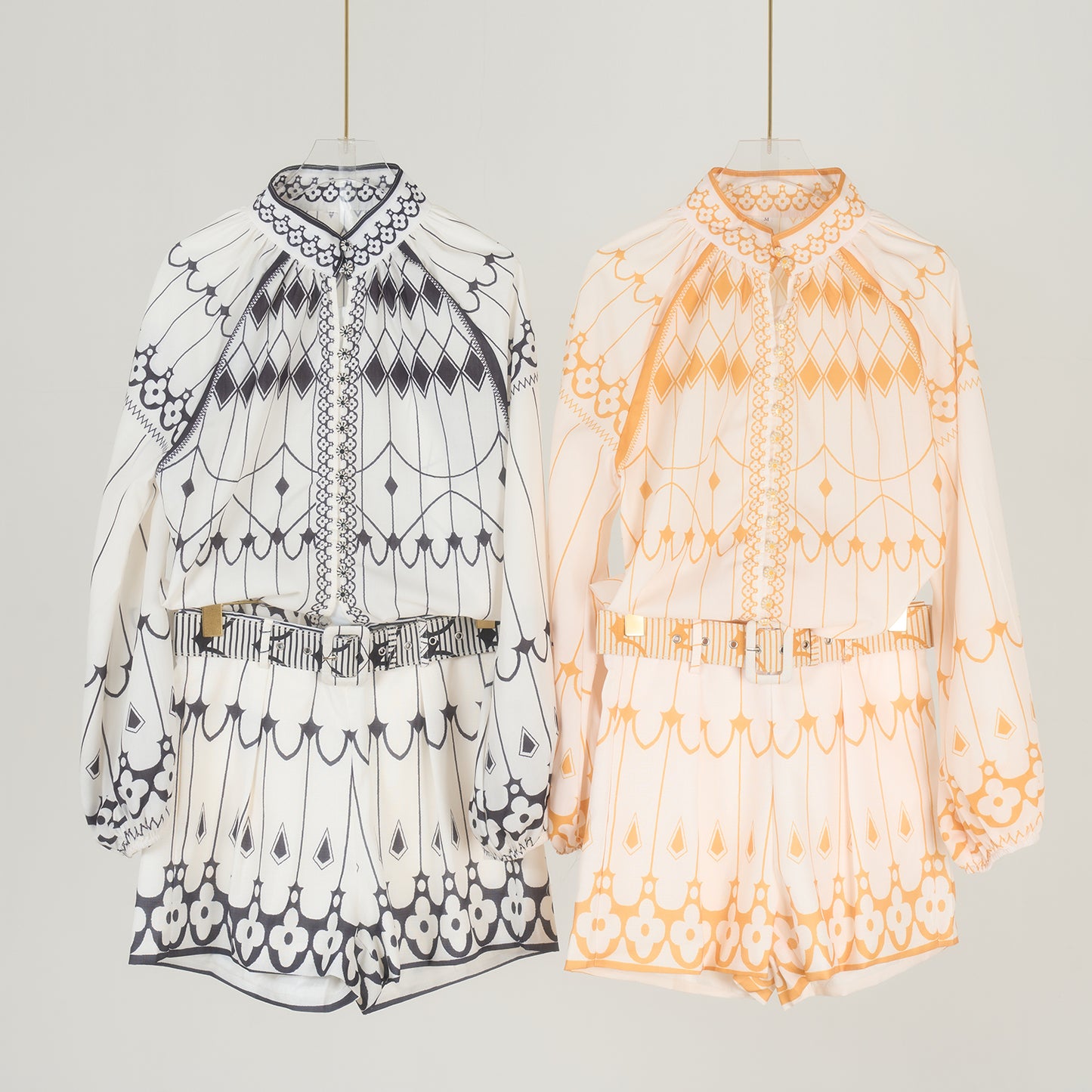 Retro Bohemian Style Two Piece Sets New Stand Up Collar Printed Shirt And Shorts Women