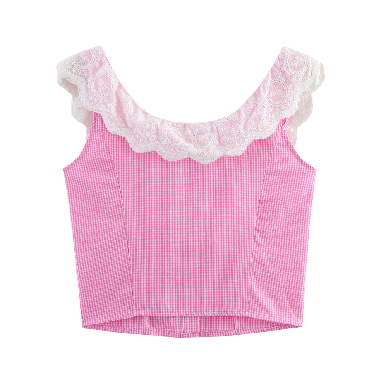 Women Clothing Elegant Slim Lace Stitching Plaid Short Top