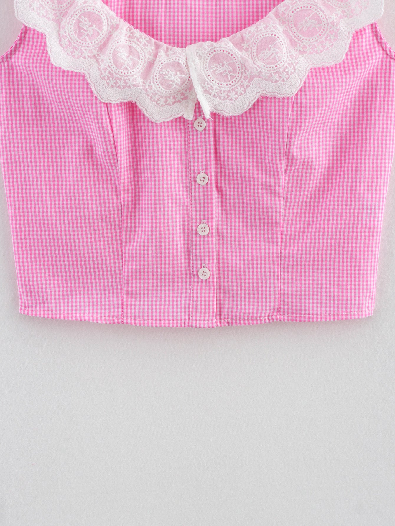 Women Clothing Elegant Slim Lace Stitching Plaid Short Top
