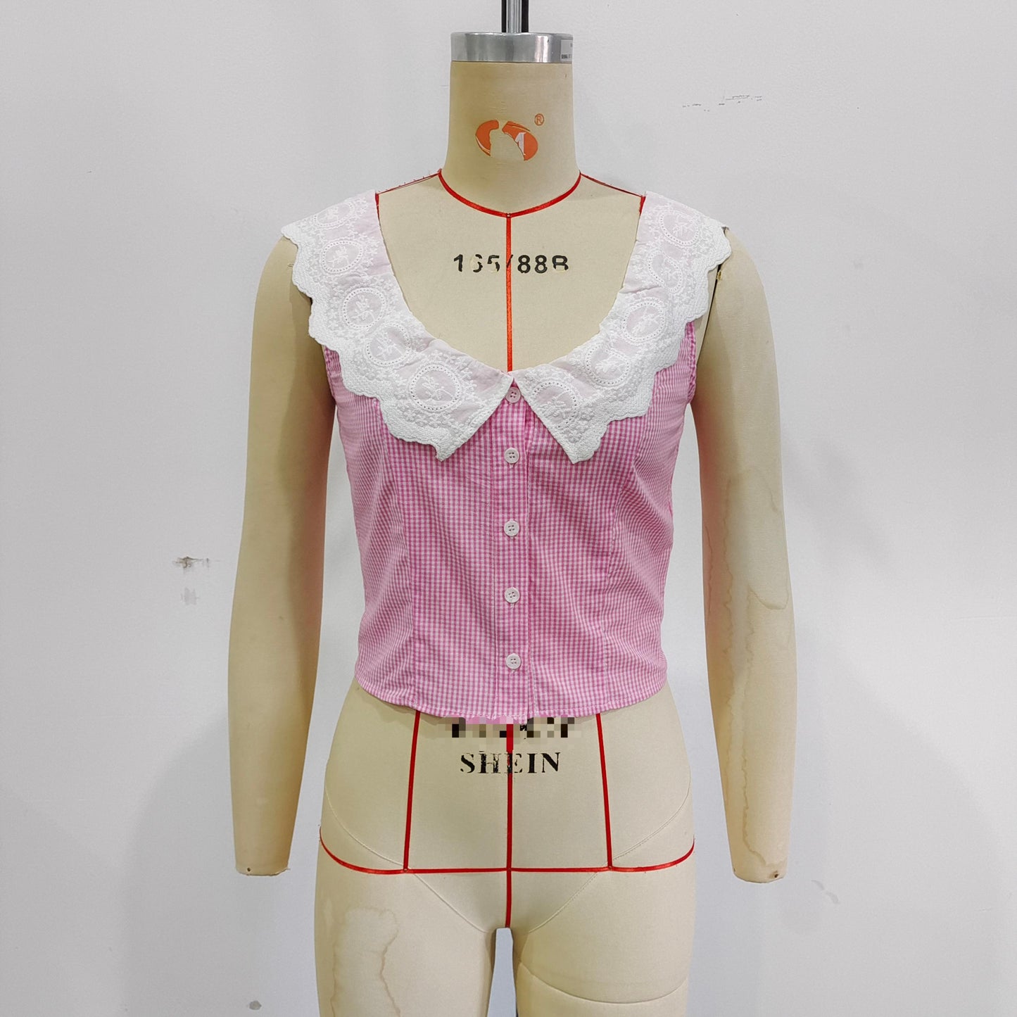 Women Clothing Elegant Slim Lace Stitching Plaid Short Top