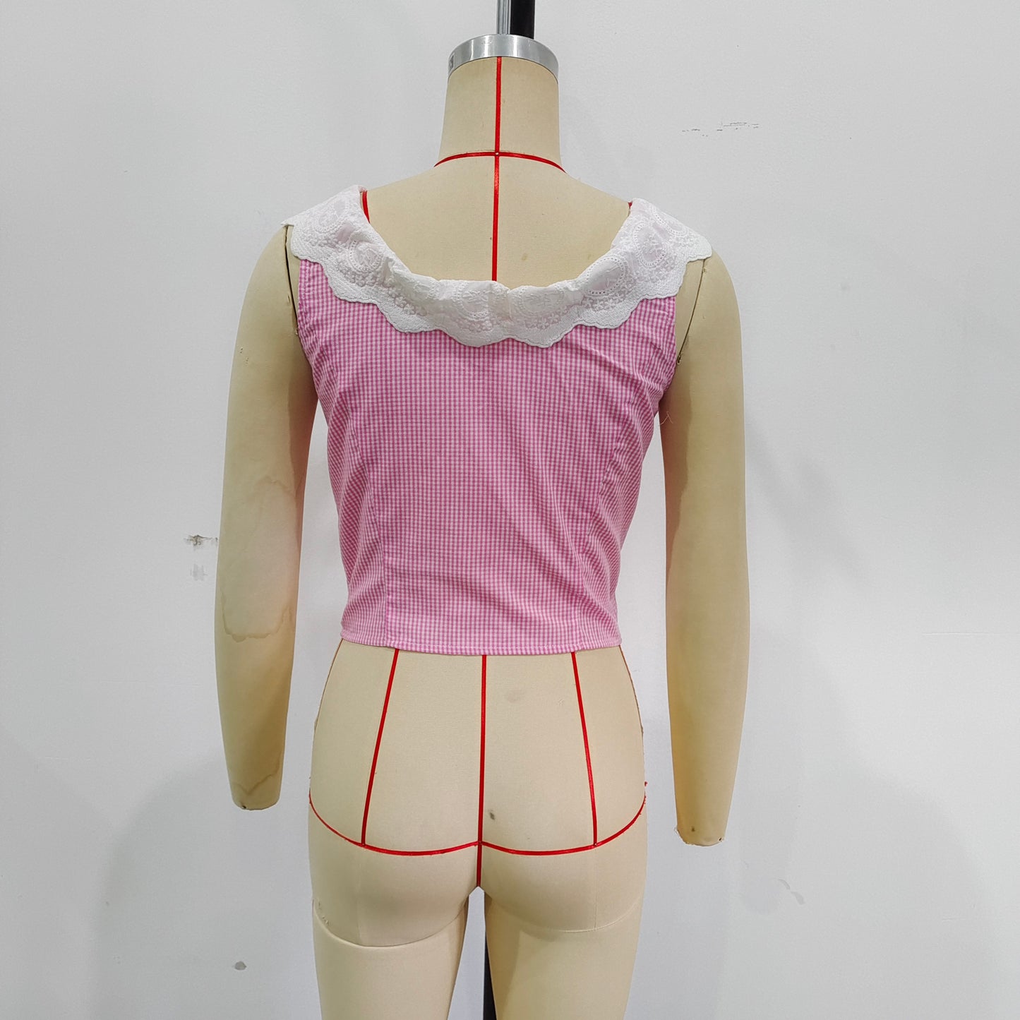 Women Clothing Elegant Slim Lace Stitching Plaid Short Top