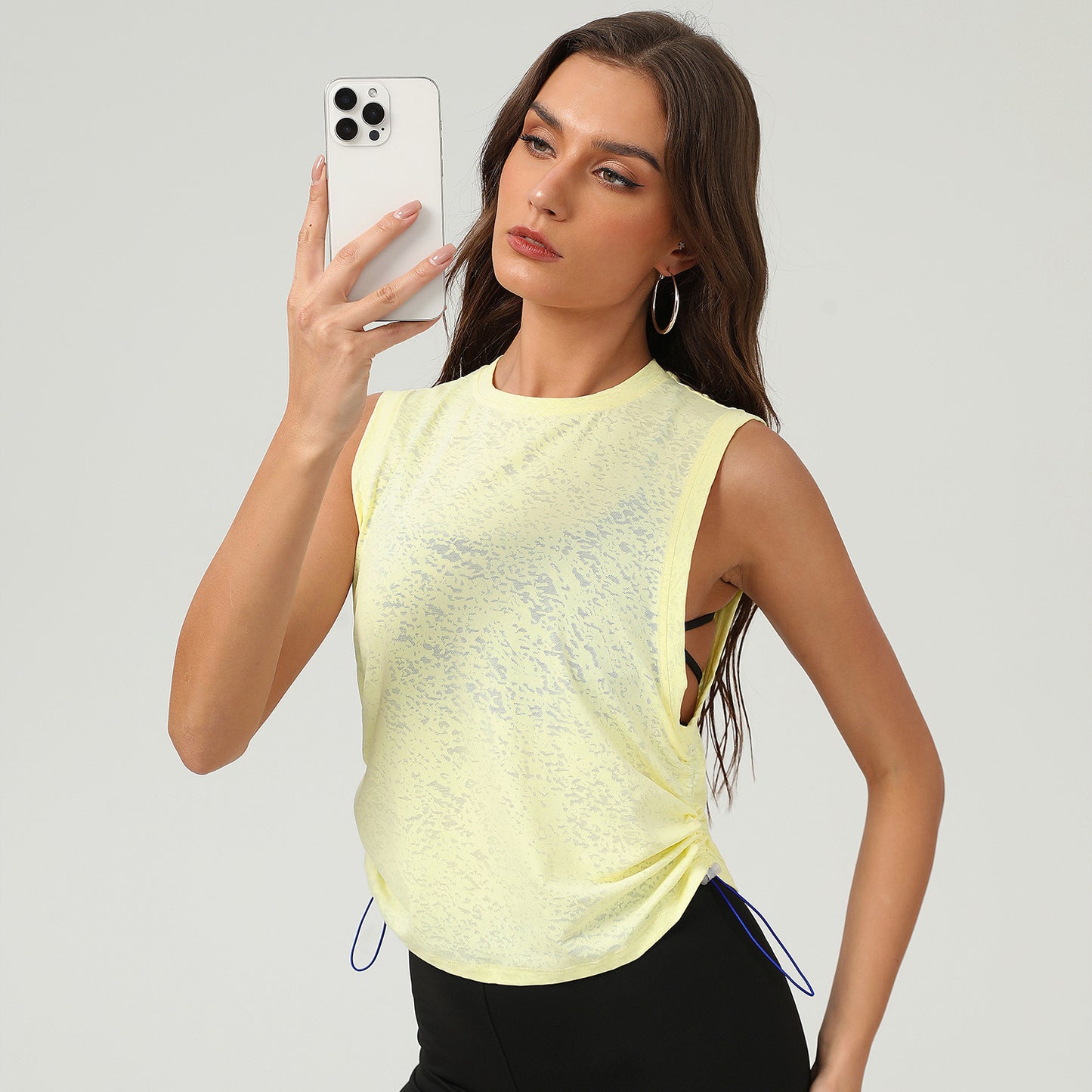 Breathable Yoga Exercise Vest Women Summer Loose round Neck Sleeveless Sports Top Drawstring at Hem Jacquard Blouse