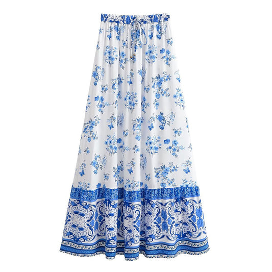 Spring Women Rayon Printed Tassel Vacation Bohemian Skirt