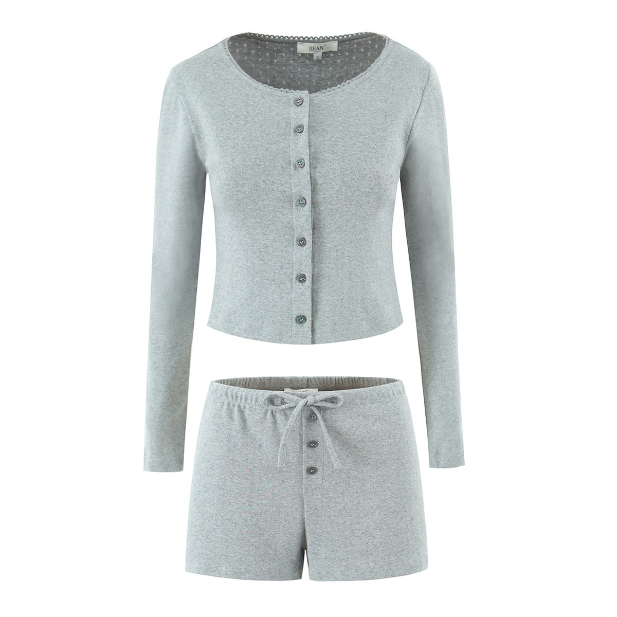 Spring Slim Fit round Neck Jacquard Single Breasted Long Sleeve Knitted Top Shorts Set