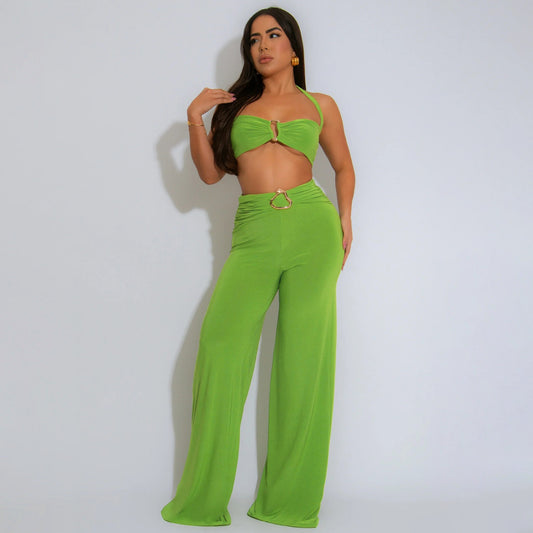 Women Clothing Summer Decorative Buckle Solid Color Sexy Halter Two Piece Set