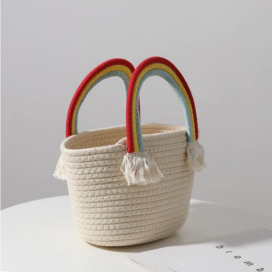 Cute Rainbow Clouds Handbag Handmade Cotton Thread Woven Bag Seaside Vacation Beach Bag Straw Bag