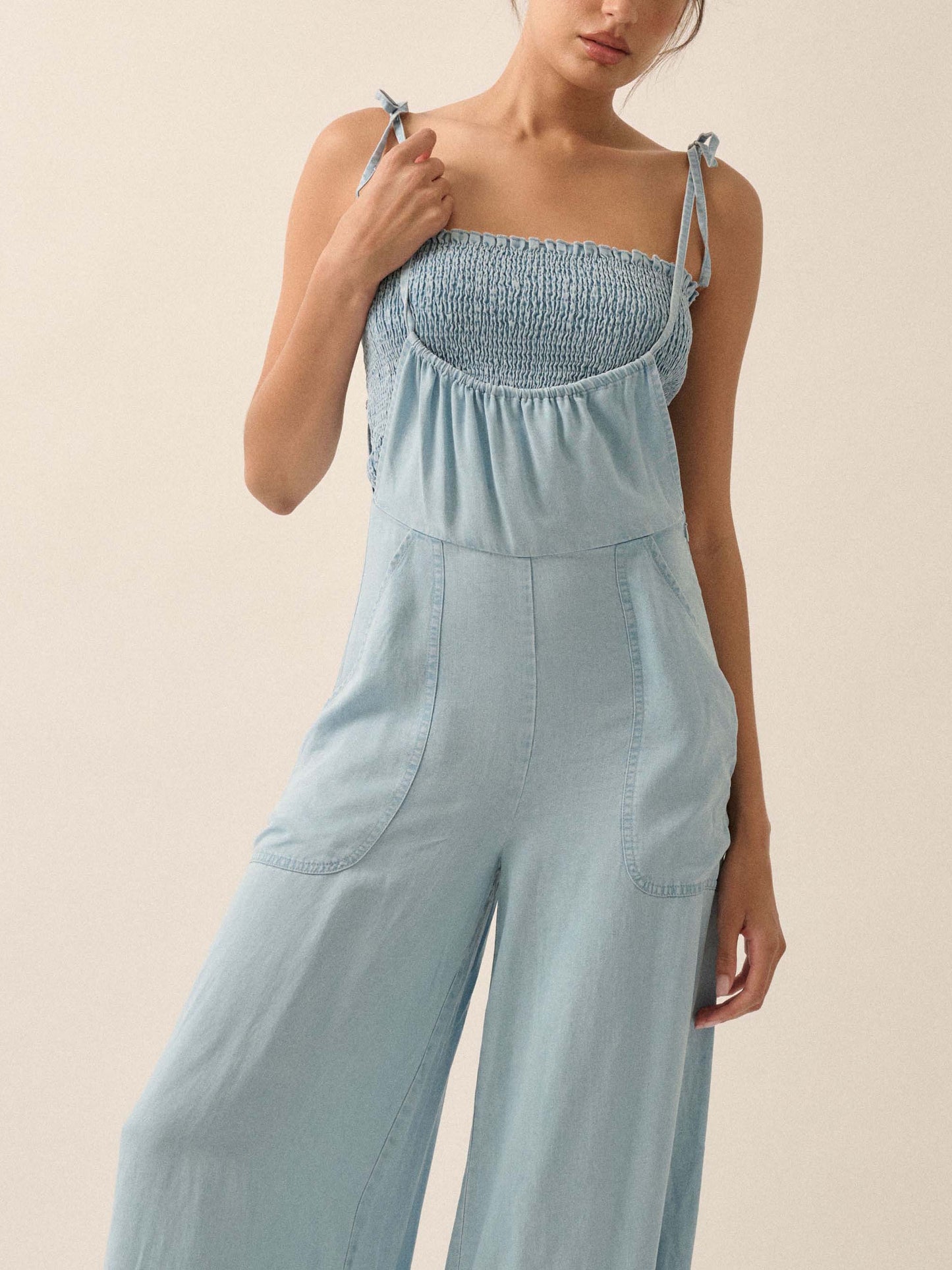 Ladies Summer French Elegant Denim Wrapped Chest Strap Wide Two Piece Set Leg Jumpsuit