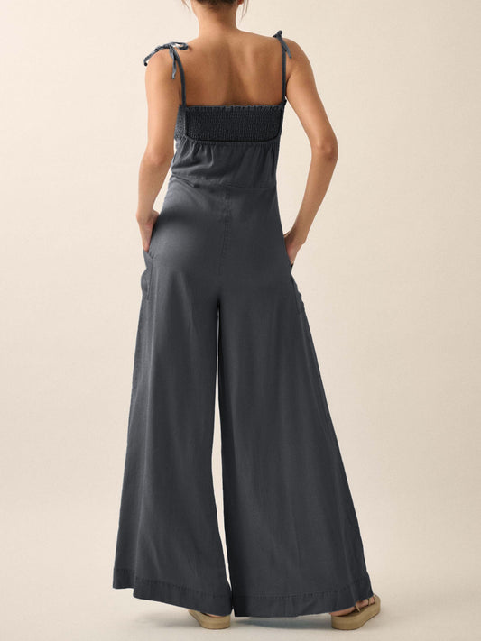 Ladies Summer French Elegant Denim Wrapped Chest Strap Wide Two Piece Set Leg Jumpsuit