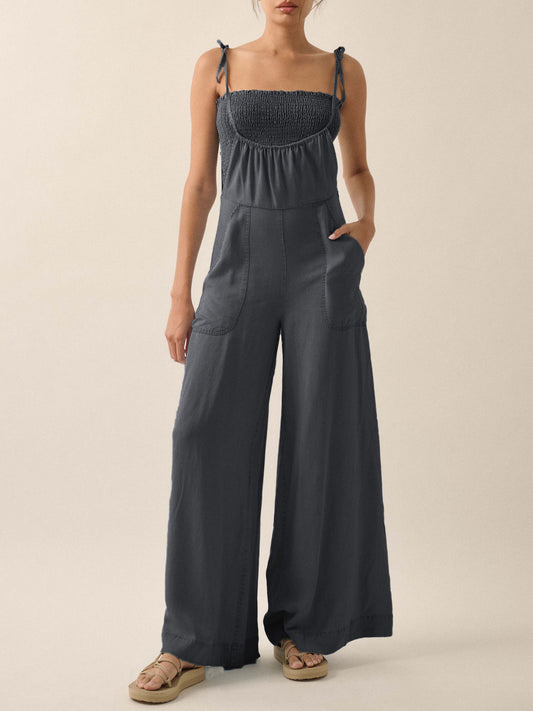 Ladies Summer French Elegant Denim Wrapped Chest Strap Wide Two Piece Set Leg Jumpsuit