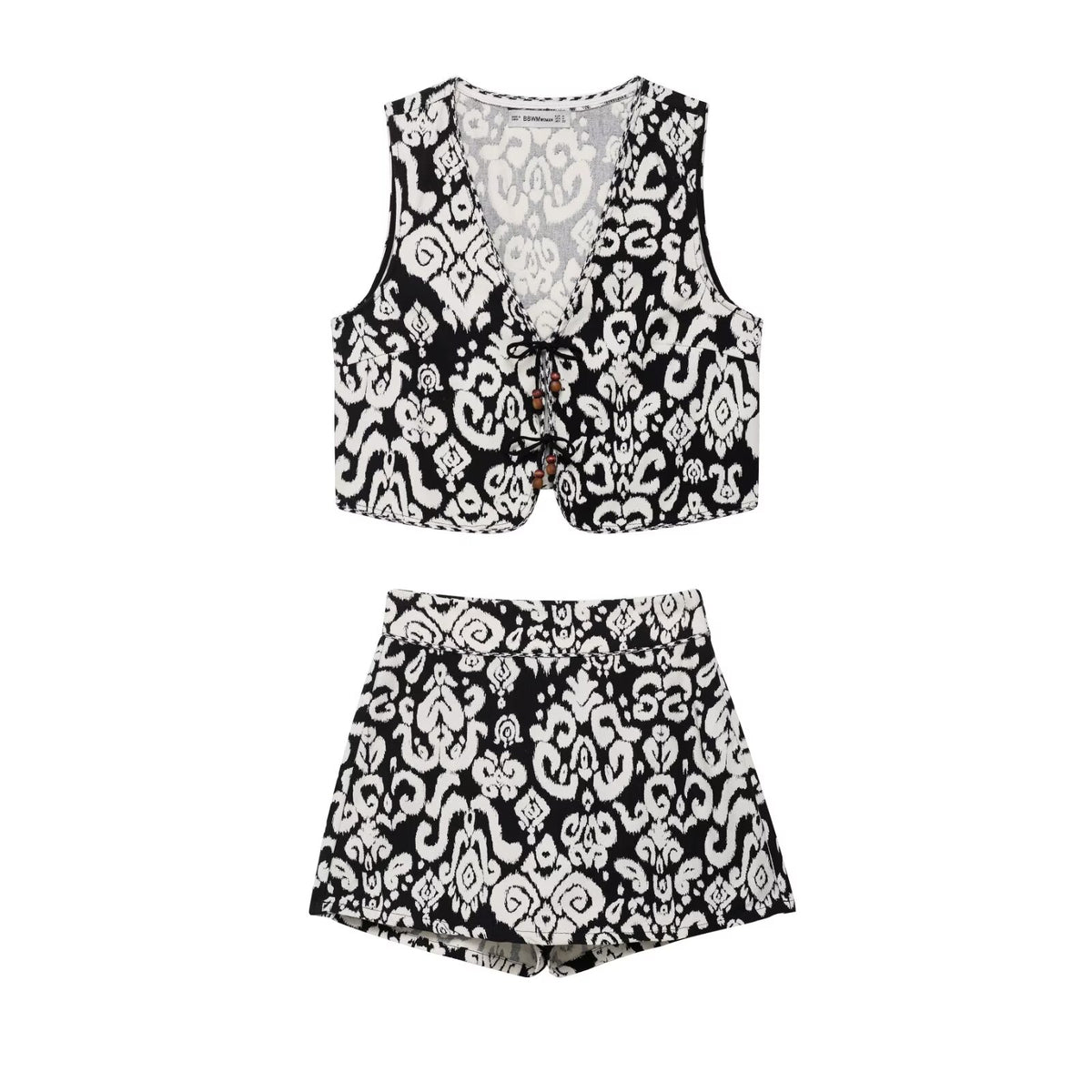 Women Clothing at Printed V neck Sleeveless Vest Waistcoat Shorts Two Piece Sets