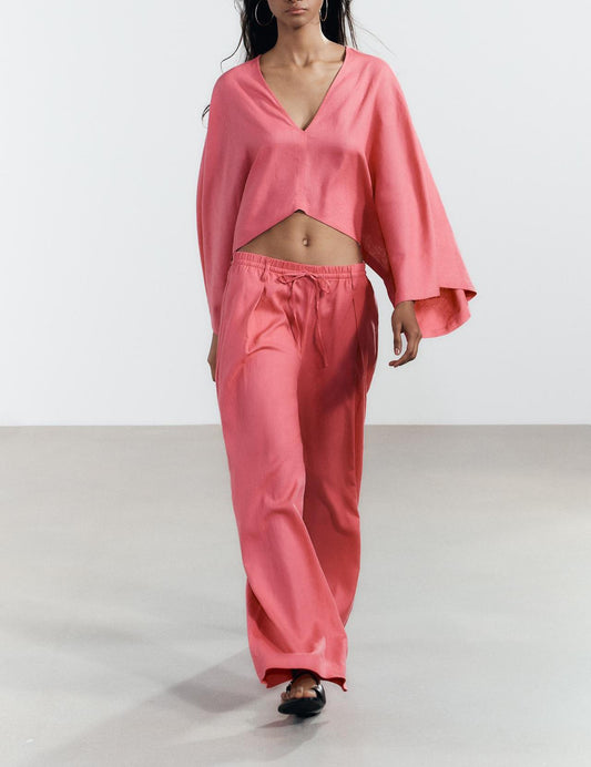 Summer Linen Blended Cape Kimono Coat Wide Leg Pants Two Piece Sets Women