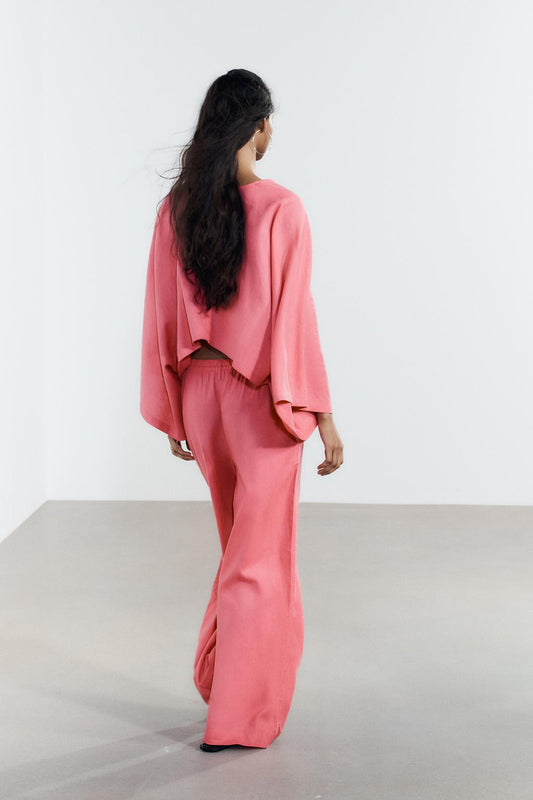 Summer Linen Blended Cape Kimono Coat Wide Leg Pants Two Piece Sets Women