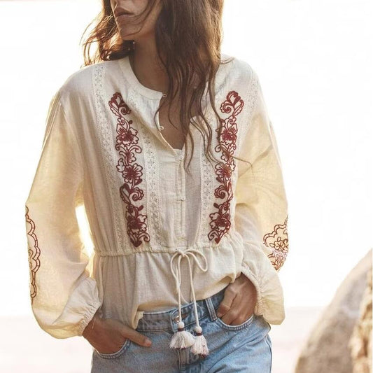 Summer Women All Match Lace Embroidered Pullover round Neck Long Sleeves Shirt