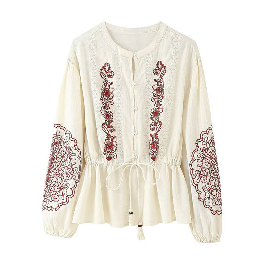Summer Women All Match Lace Embroidered Pullover round Neck Long Sleeves Shirt