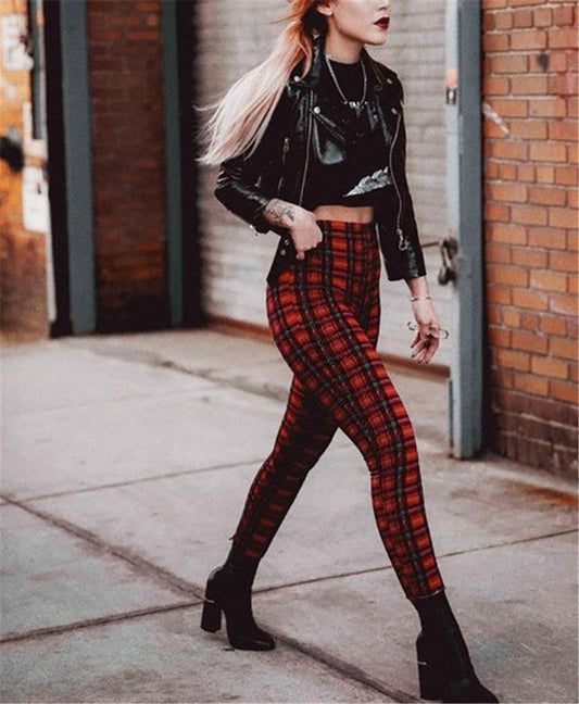 Popular Plaid High Waist Leggings Women Casual Pants Stretch Feet Pants Pencil Pants
