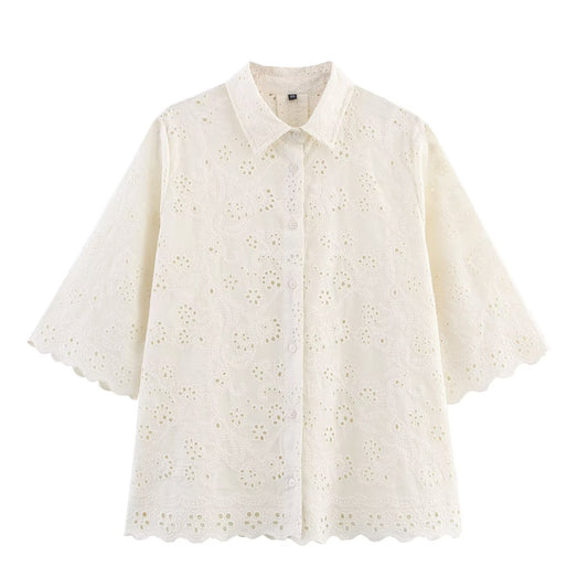 Summer Hollow Out Cutout Embroidered Shirt Pants Sets