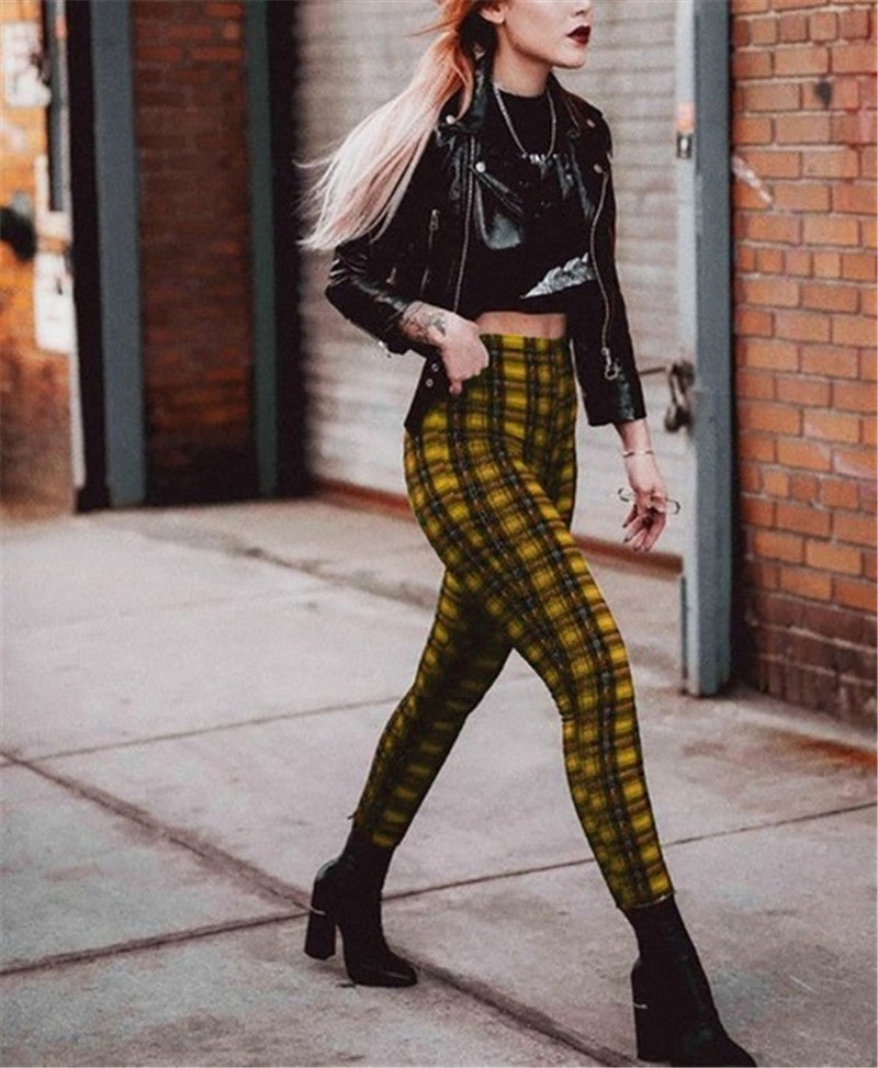 Popular Plaid High Waist Leggings Women Casual Pants Stretch Feet Pants Pencil Pants