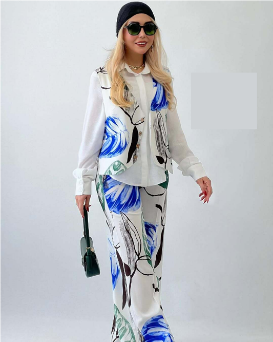 Women Clothing Linen like Printed Fashionable All Match Vest Wide Leg Pants Two Piece Sets