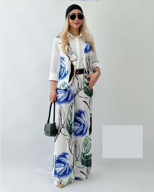 Women Clothing Linen like Printed Fashionable All Match Vest Wide Leg Pants Two Piece Sets