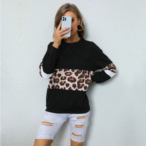Autumn Women Wear Casual Mid Length Leopard Print Long Sleeve Patchwork Sweater