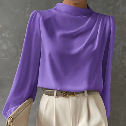 Solid Color Pleated Women Shirt Elegant Pullover Satin Top Office Long Sleeve Top
