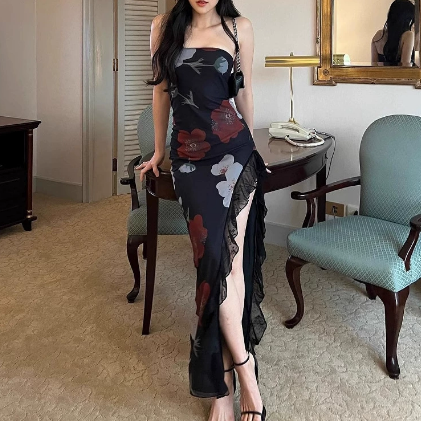 Women Clothing Summer Printed Lace Stitching Wrapped Chest Slim Fit Slit Dress Slimming