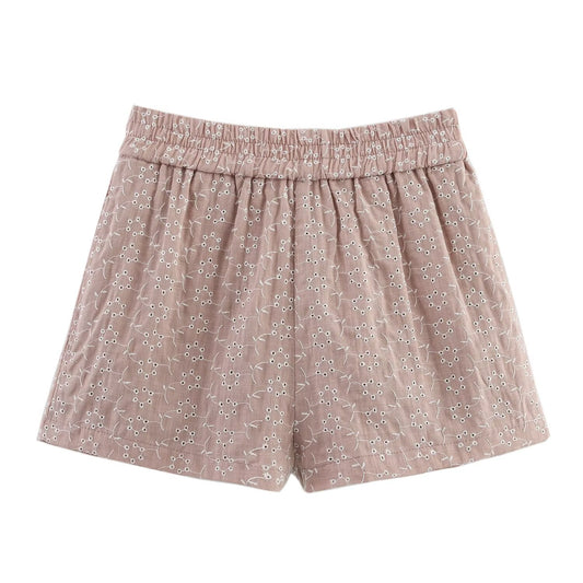 Women Clothing Summer Simple Elastic Waist Hollow Out Cutout Embroidered Casual Shorts