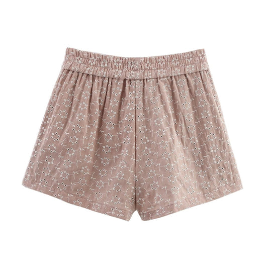 Women Clothing Summer Simple Elastic Waist Hollow Out Cutout Embroidered Casual Shorts