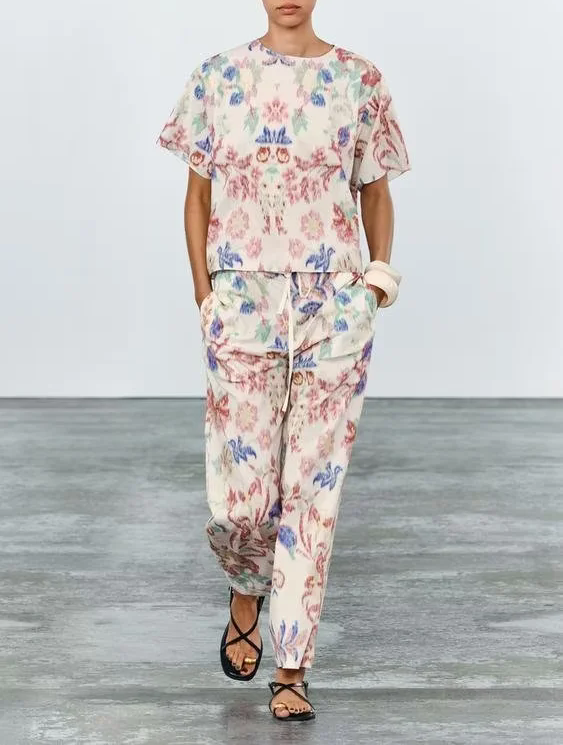 Women Clothing Early Spring Printed Pullover Short Sleeve Trousers Two Piece Sets