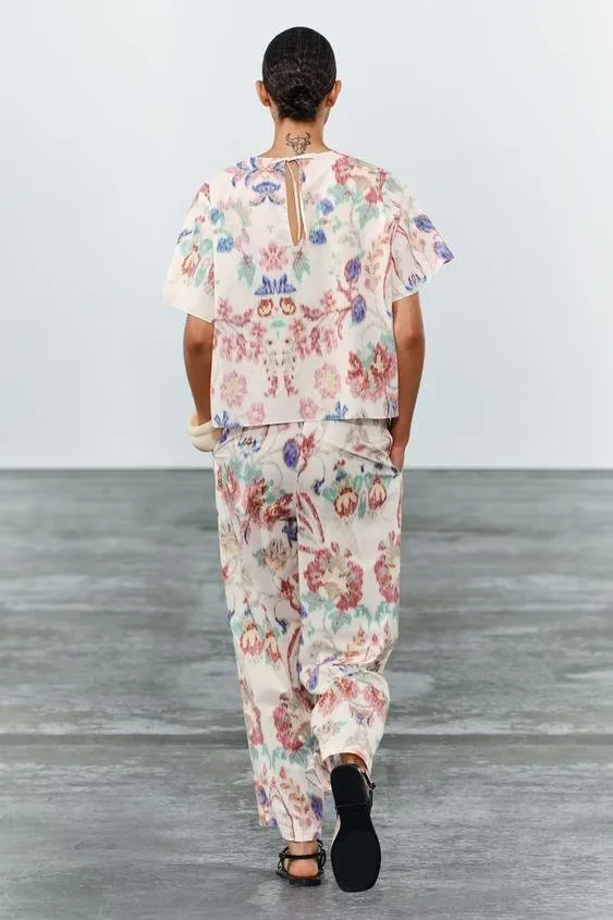 Women Clothing Early Spring Printed Pullover Short Sleeve Trousers Two Piece Sets