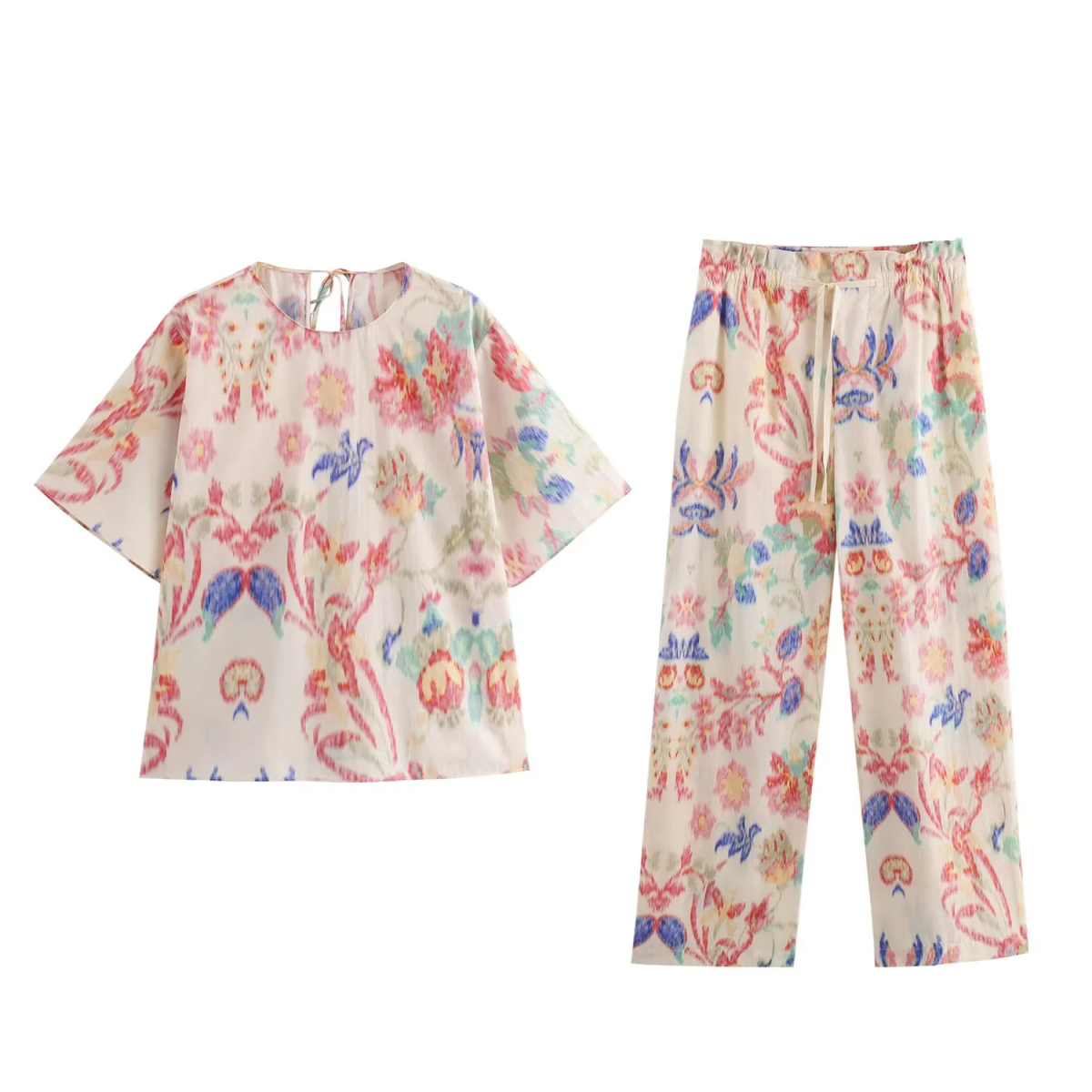 Women Clothing Early Spring Printed Pullover Short Sleeve Trousers Two Piece Sets