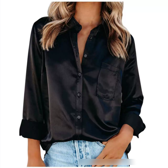 Spring Summer Solid Color Long Sleeve Office Collared Long Sleeve Shirt Solid Color Cardigan Satin Shirt