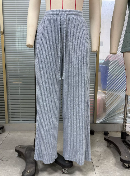 Autumn Winter Solid Color Drawstring Sunken Stripe Brushed Elastic Waist Casual Trousers