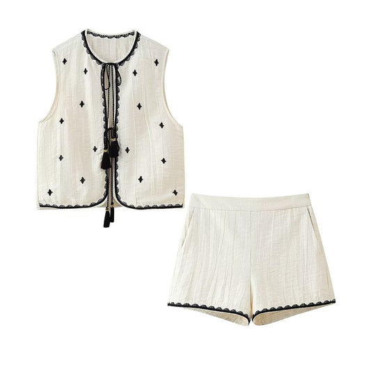 Sleeveless Shirt Top Women Retro Slimming Embroidered Vest Short Sets