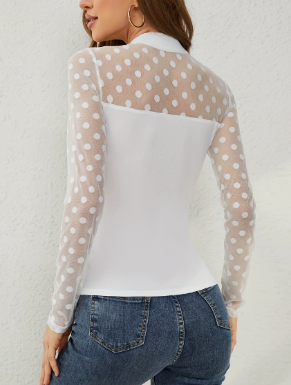 Autumn Winter Mesh Dot Stitching Women Long Sleeved Shirt Small Stand Collar Pullover Slimming All Matching