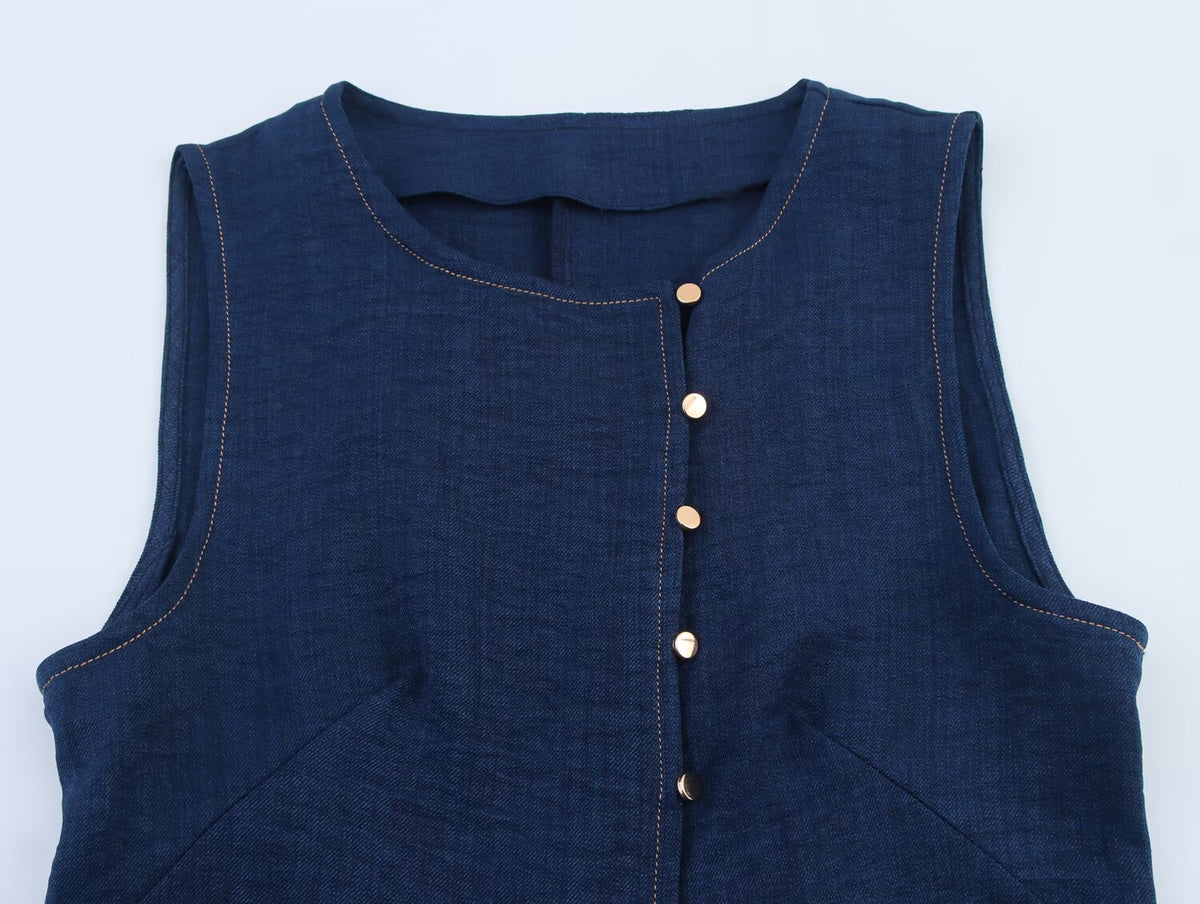 Summer Women Clothing Linen Double Breasted Sleeveless Vest Top