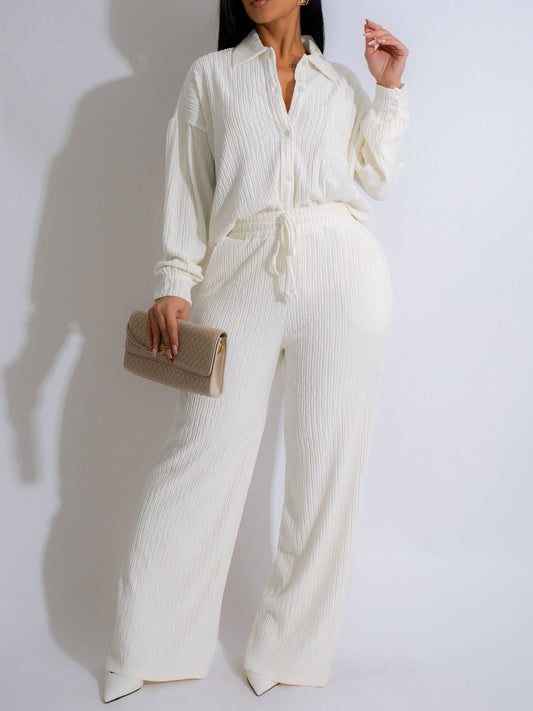 Women Clothing Two Piece Long Sleeve Pleated Casual Shirt Outfit Elastic Waist Straight Pant Sets