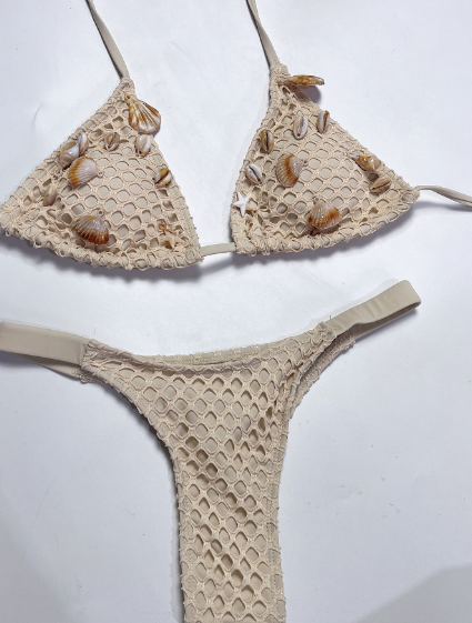 Bikini Solid Color Swimsuit Sexy Swimming Two Piece Sets Women Backless Mesh Shell Ornament Swimwear