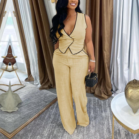 Women Wear Casual V neck Button Top Pants Two Piece Set